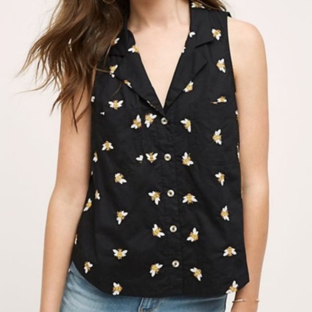 Anthropologie HD in Paris Black Embroidered Bees Button Down Sleeveless Top 4